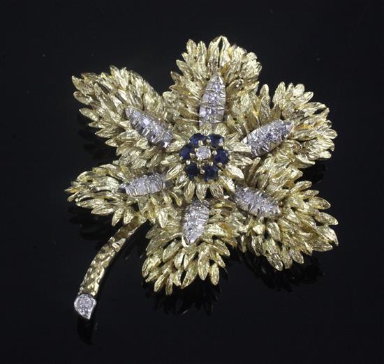 A gold, sapphire and diamond set flowerhead brooch, 60mm.